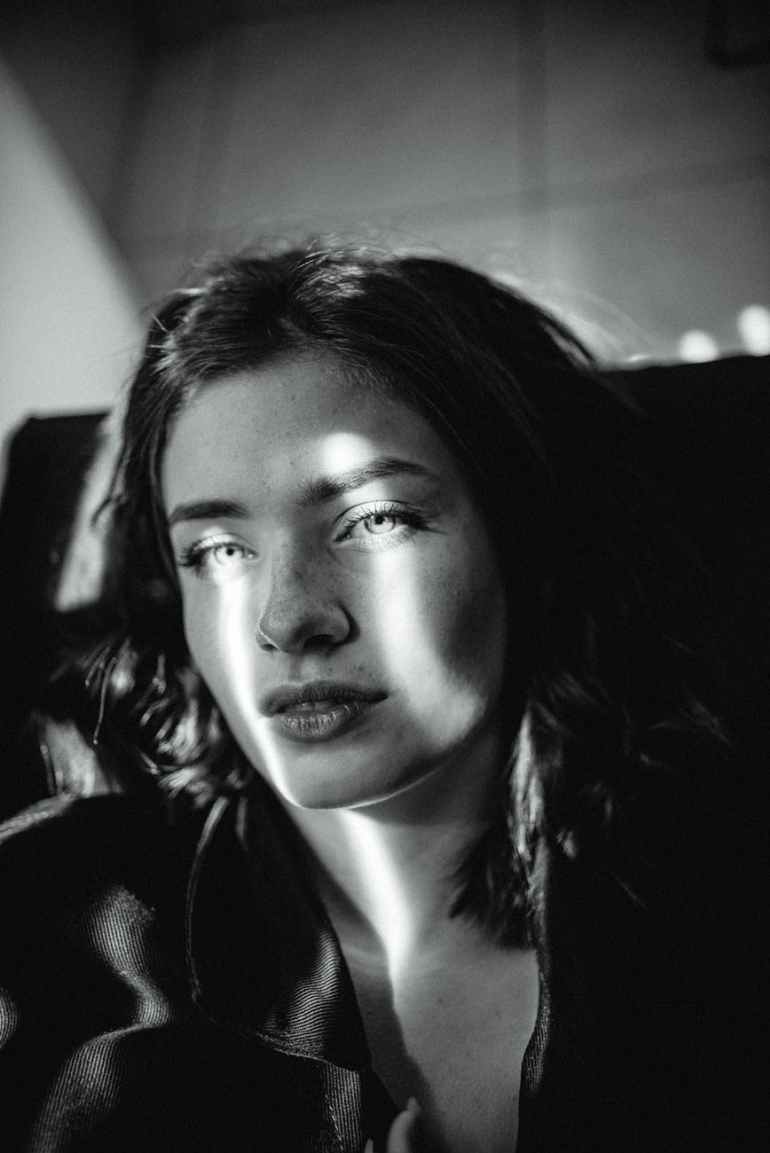 monochrome photography of woman