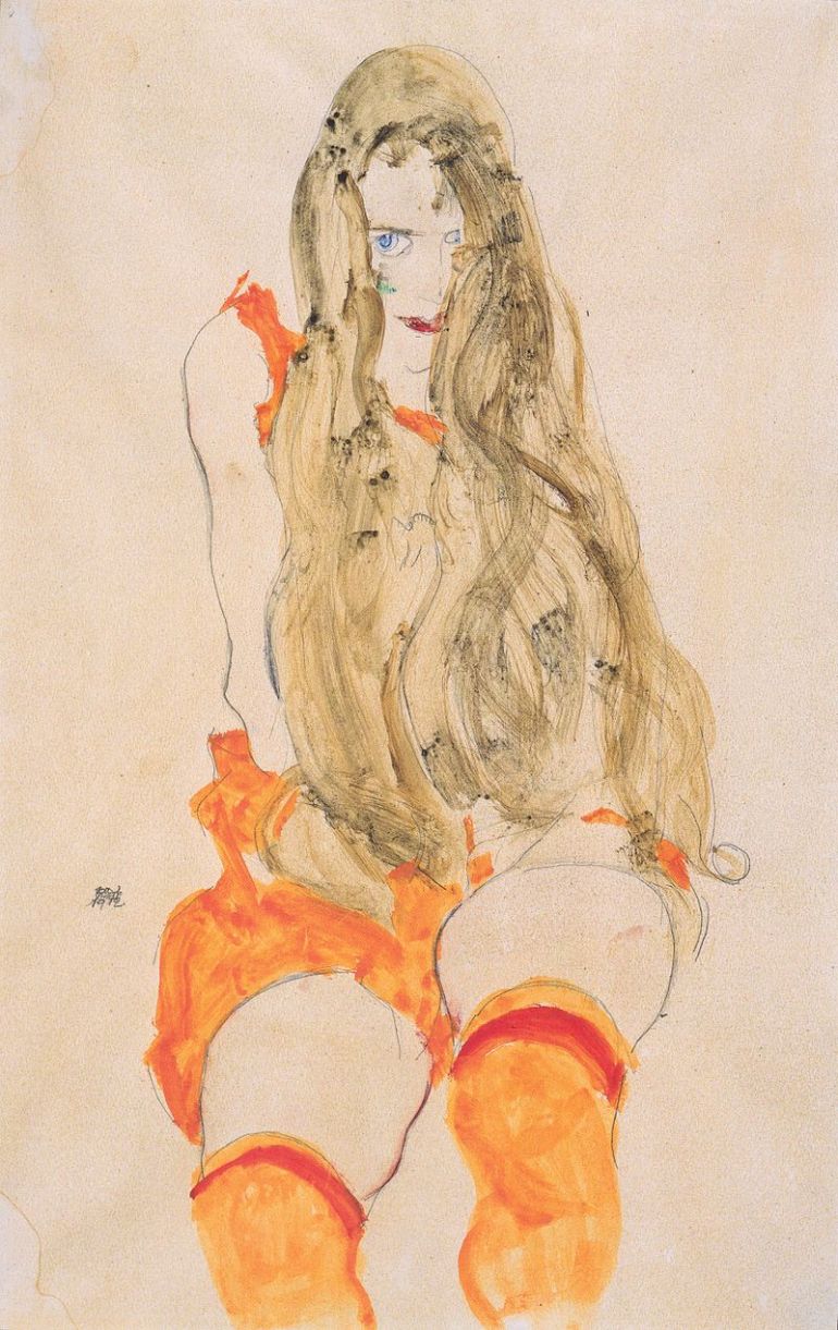 800px-Egon_Schiele_-_Sitzendes_Mädchen_mit_herabfallendem_Haar_-_1912